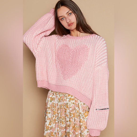 POL Sweaters - 901. 🛑POL AT COST! LAST 1! Crochet Pullover Sweater Pink white Chunky Heart zip